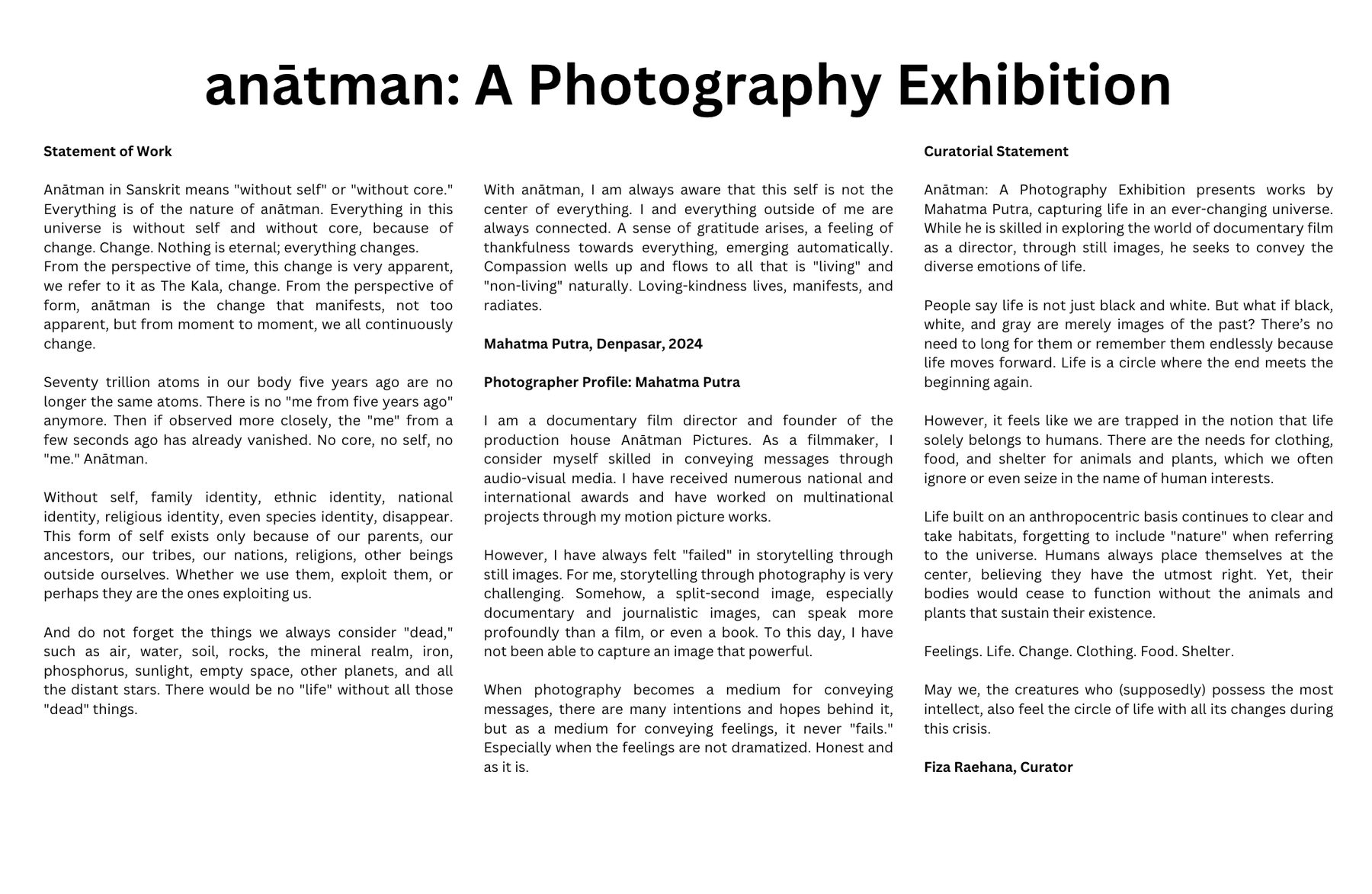Statement of work and curatorial statement for anātman, written in Denpasar, 2024