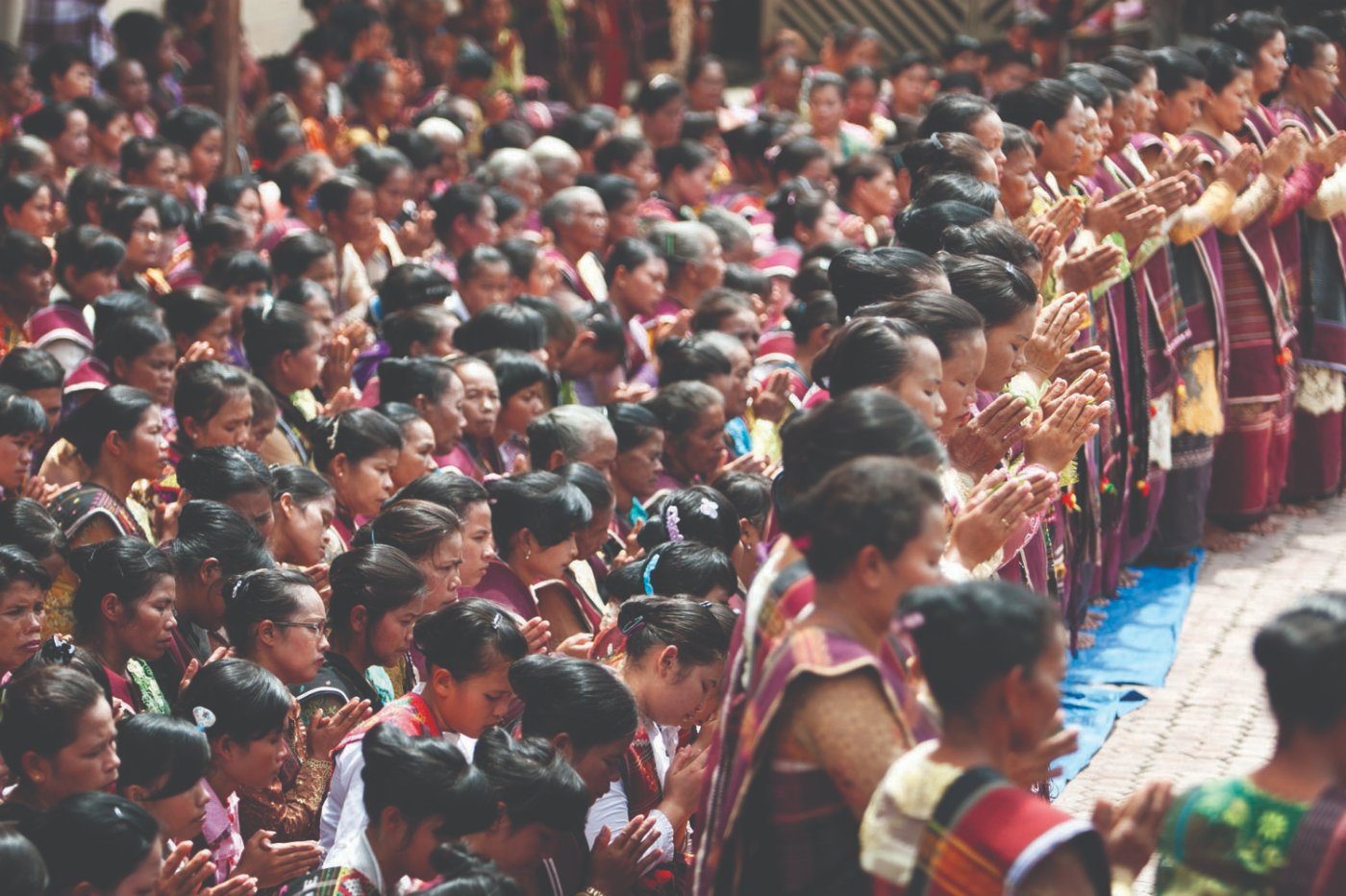 A crowd of women in ulos clapping at the Sipahalima ceremony, Laguboti