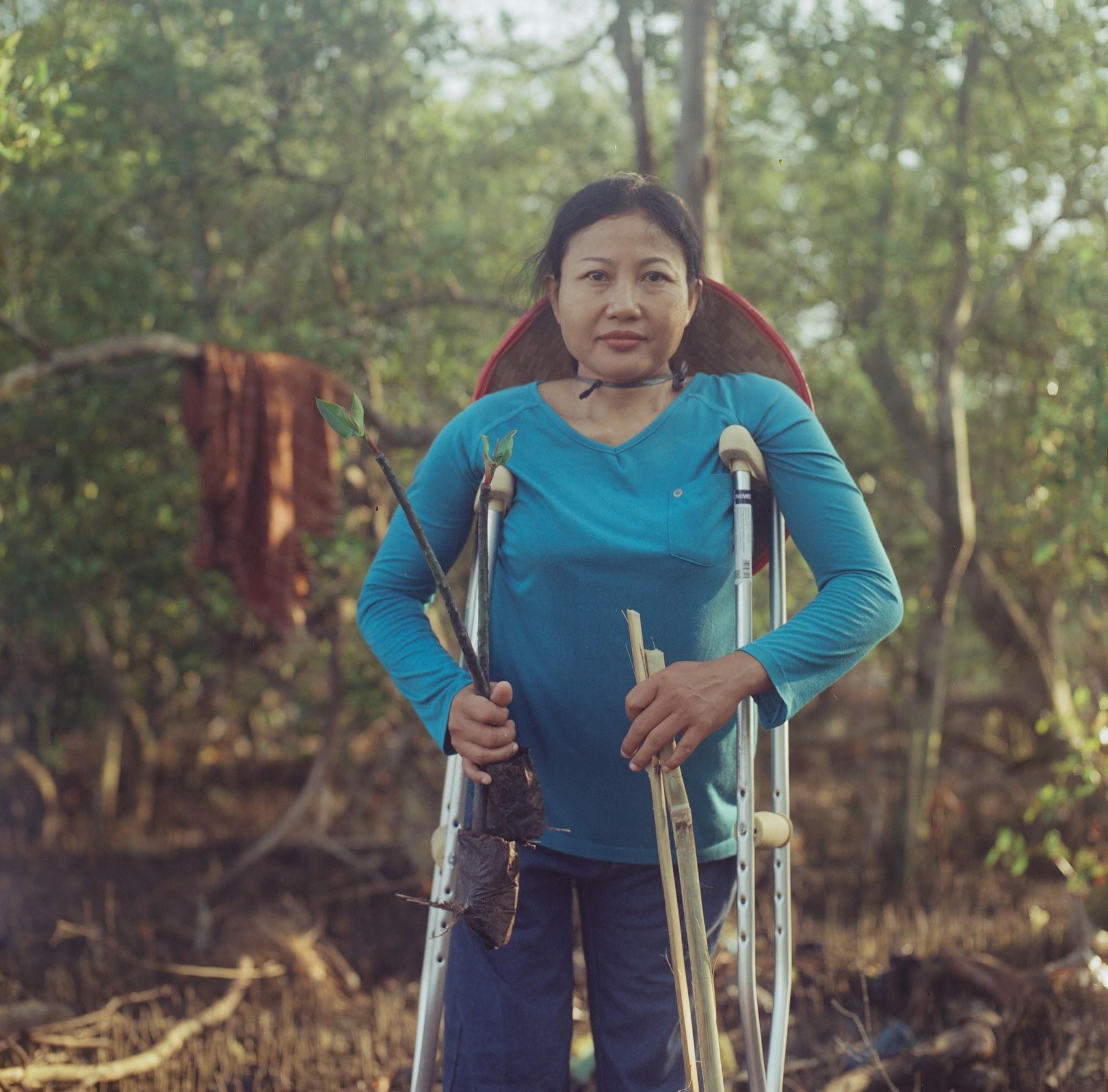 Portrait of a woman in a blue shirt standing on crutches among mangroves, holding seedlings