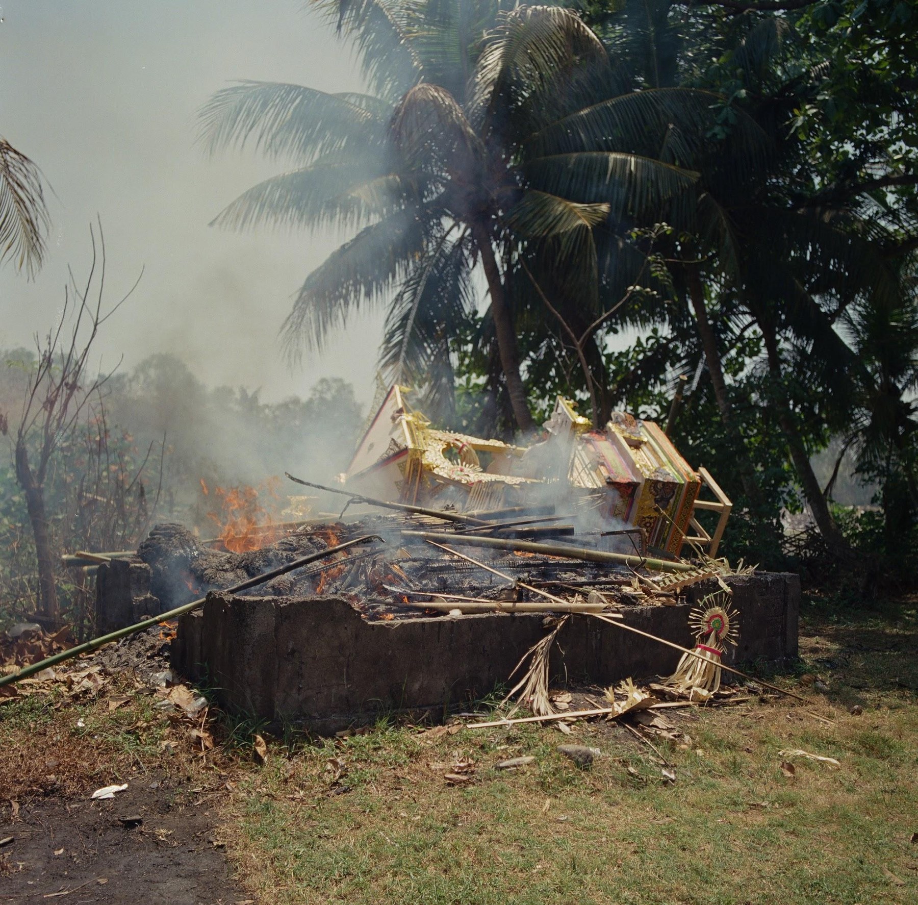 A cremation tower burning under palm trees during a Ngaben ceremony