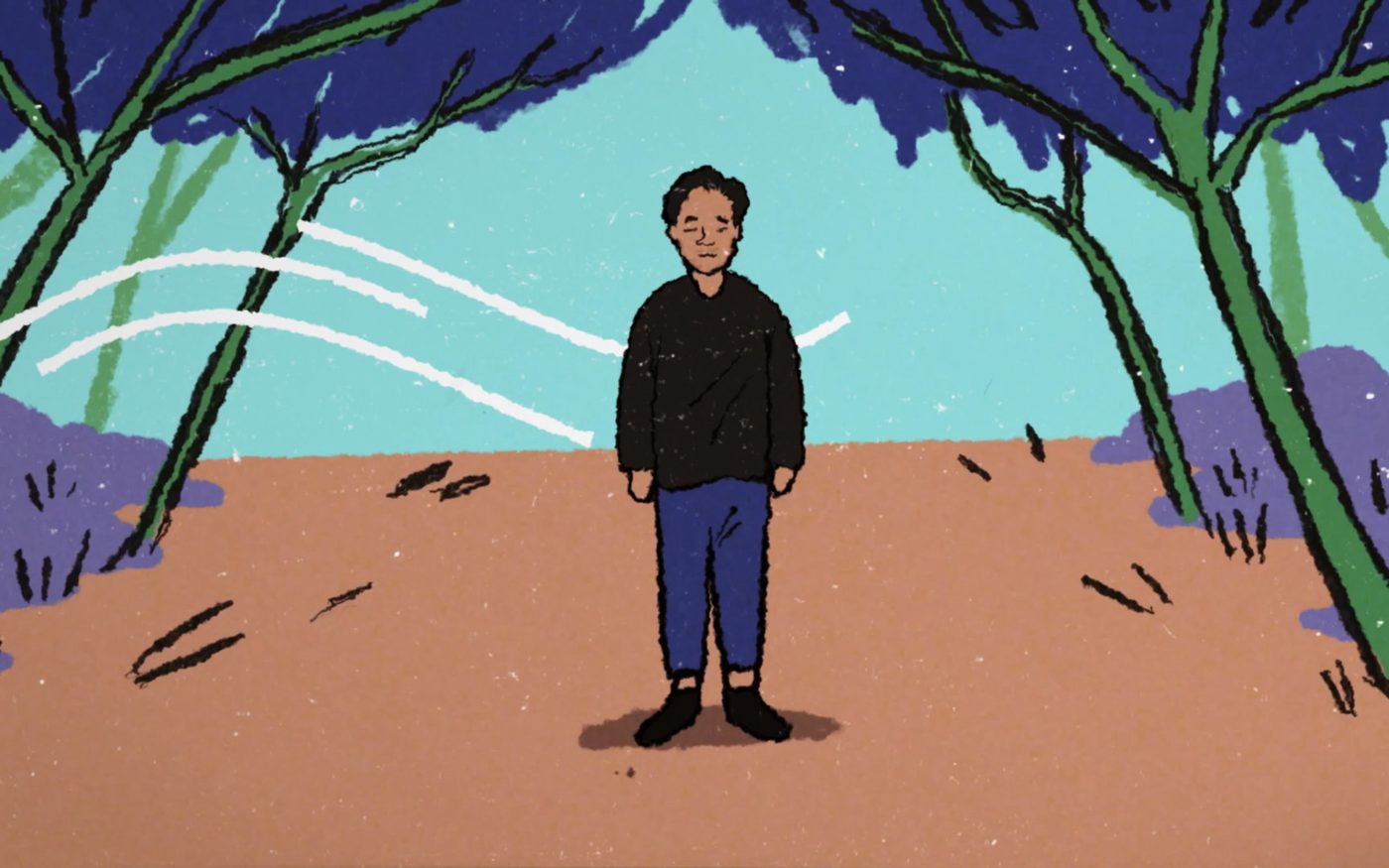 An animated sequence of a man standing among trees, from Diam & Dengarkan